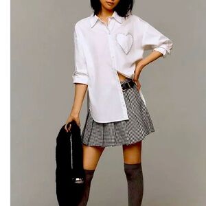 Maeve The Bennet Buttondown : Heart Pocket White Button-Up Shirt, size Medium